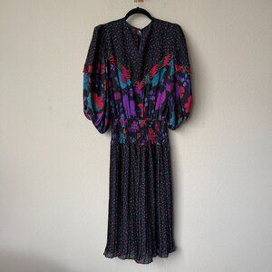 80s Vintage Assorti for Susan Freis Floral Pleated Midi Dress Size M